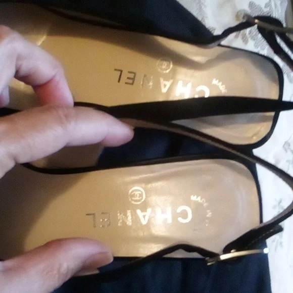 Chanel Cambon sling back shoes 37.5 = 7.5 USA black w/ blk patent toe - Picture 13 of 16